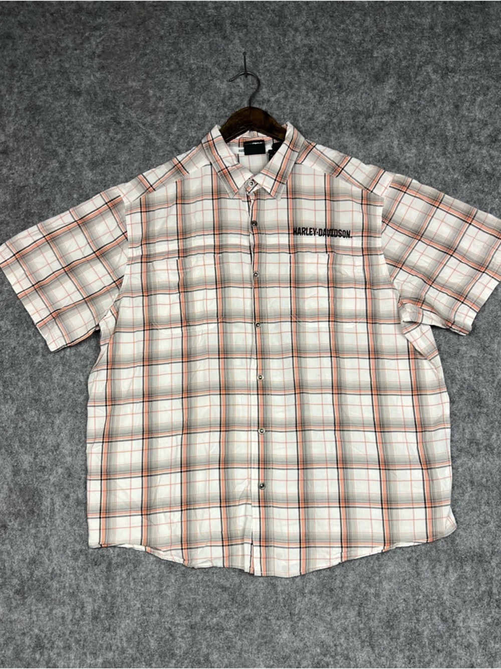 Harley-Davidson Men’s Short Sleeve Plaid Button-Up - White & Orange 2XL